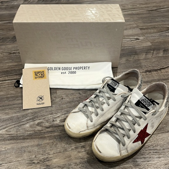 Golden Goose GGDB Superstar Red Glitter Star Silver Sneakers Sz 38 US 8 Women’s - Picture 3 of 16